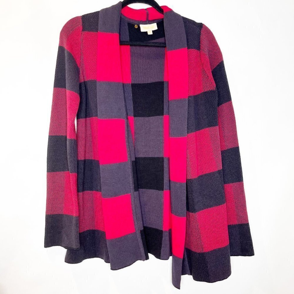 ModCloth | Cardigan Sweater Red Black Buffalo Plaid Open Front Knit